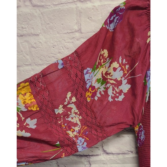Free People Floral Smocked Midi Dress Burgundy Red XL/XS New With Flaws - Picture 15 of 15